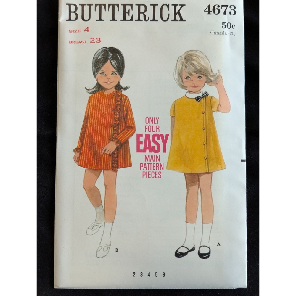 VTG 1968 Butterick 4673 Kids Girls Dress Size 4 Uncut Mod Sewing Pattern